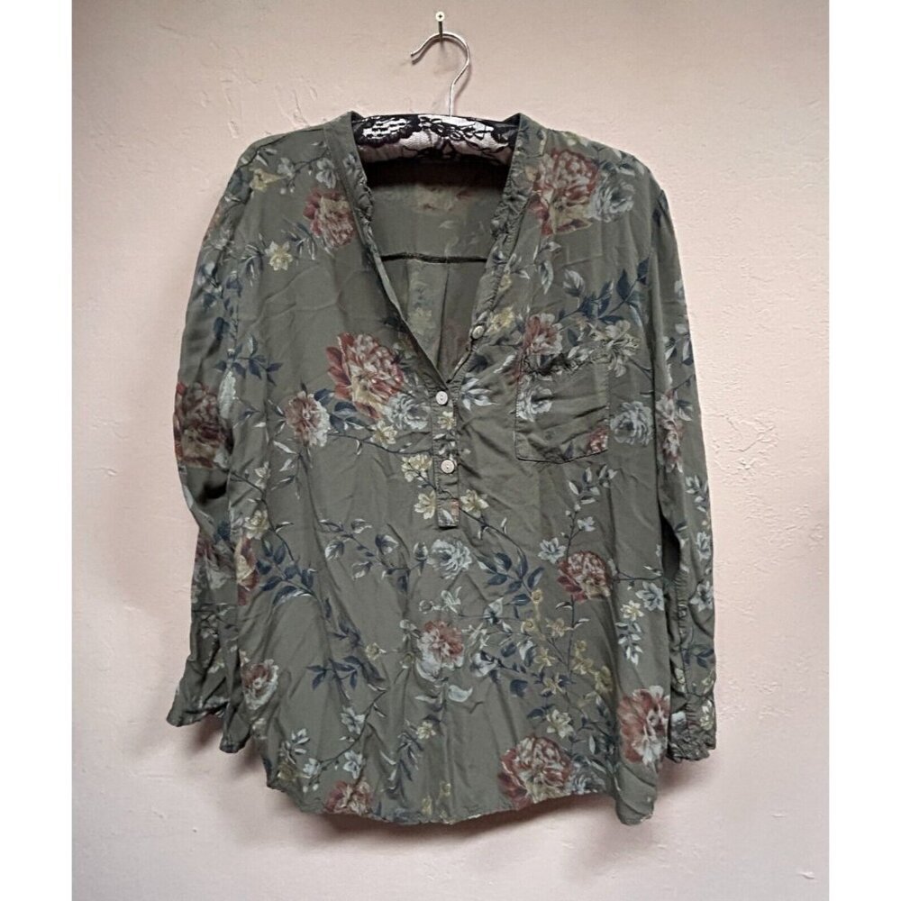Angela Mara Women's Popover Top Long Sleeve Floral Blouse Multicolor XL Casual
